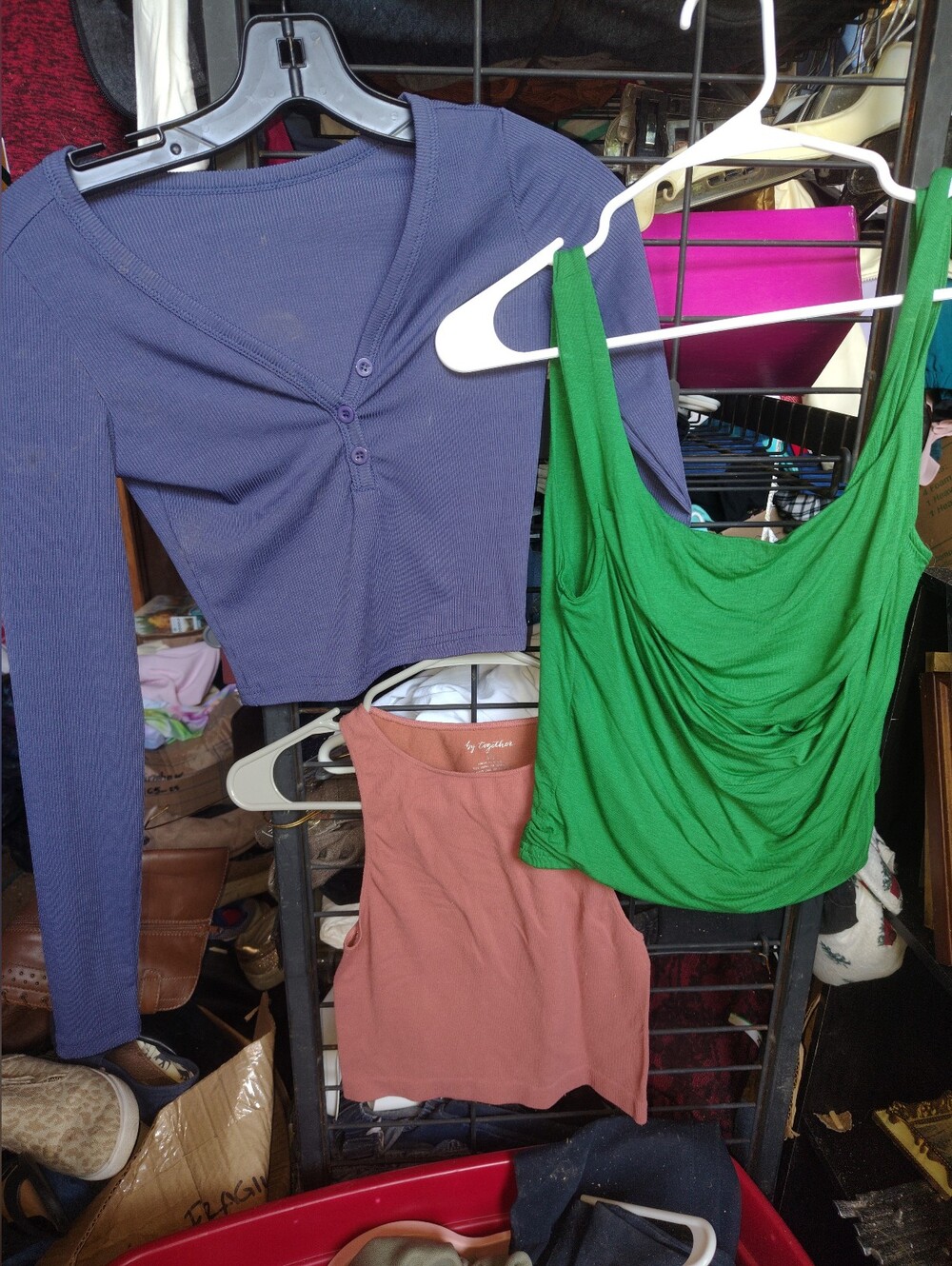 Green Draped Sleeveless Peach Tank Blue Ribbed Long Sleeve